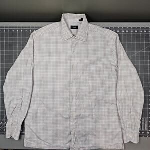 Hugo Boss Shirt Large 16.5 White Blue Tan Plaid Jaquard Woven Dress Preppy Work